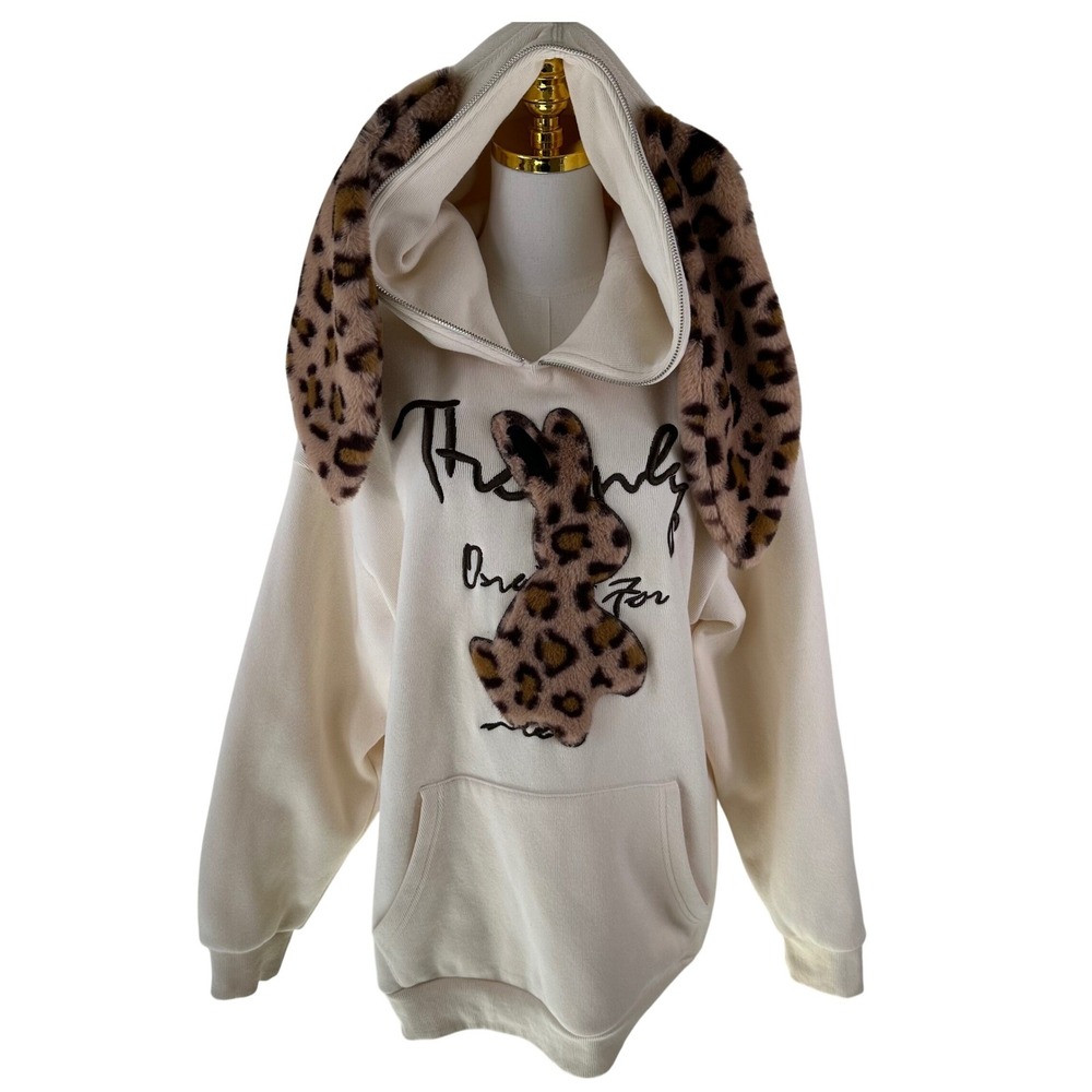 Elf Sack Hoodie Women L Cream Leopard Bunny Ear Harajuku Streetwear Kawaii Cute